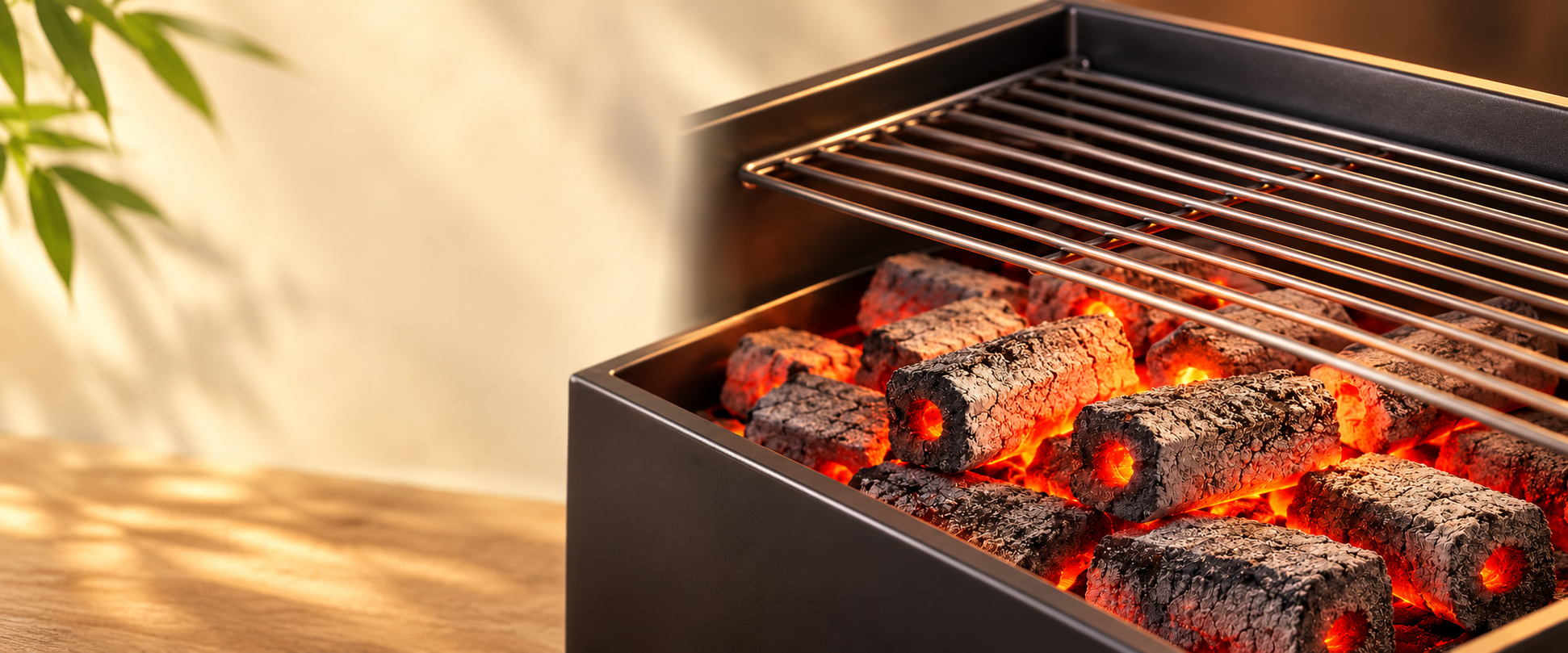 Illustration of glowing bamboo charcoal briquettes beneath a grill rack